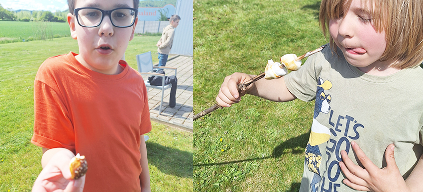 zwei Jungs Essen gegrillte Marshmallows